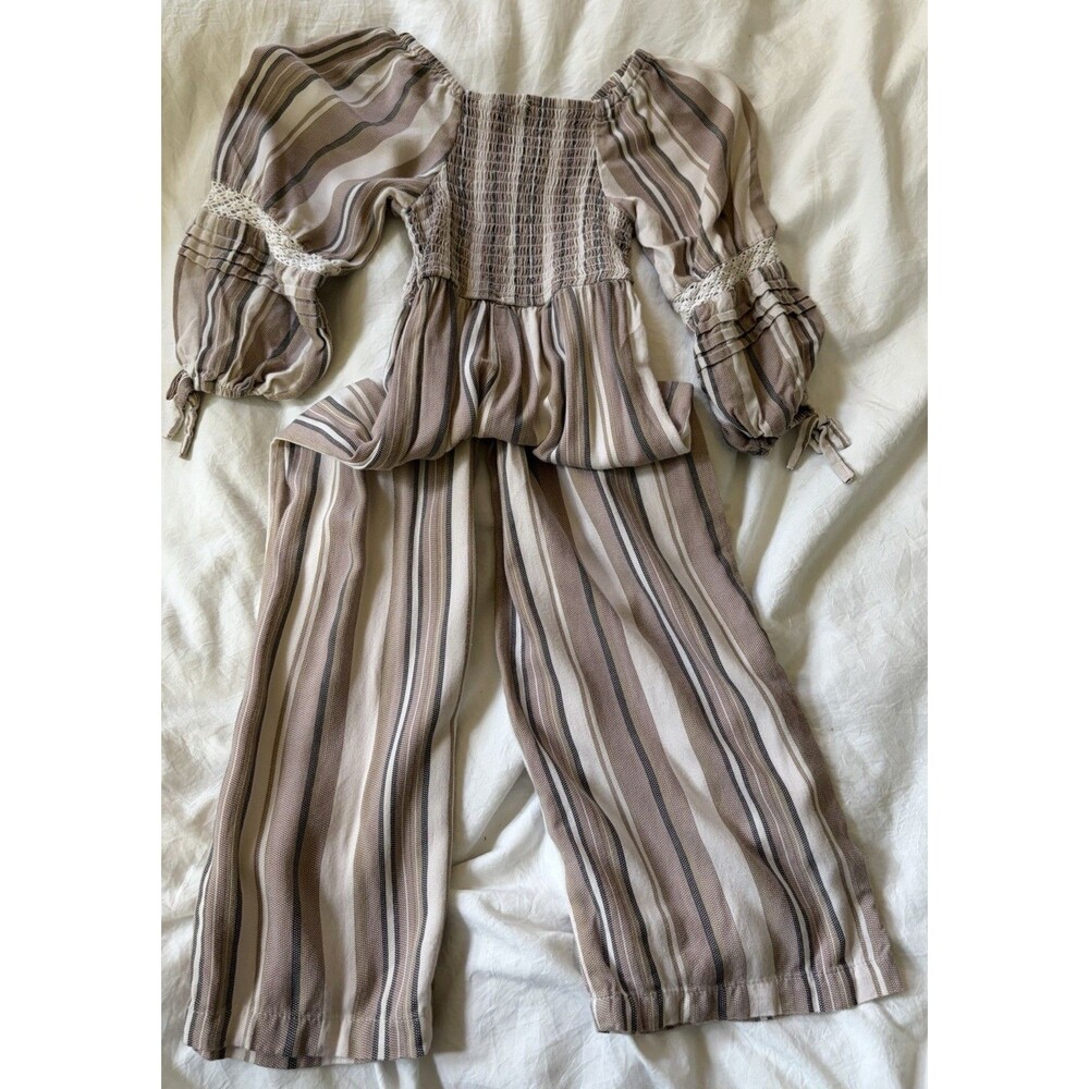 Jessica Simpson Junior Girls Brown Striped Long-sleeve Romper Pants - Size 5